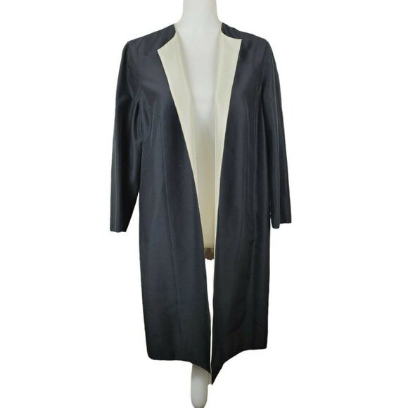 Normandy Monroe Silk Duster Jacket Coat Open Front Clean Lines Black Sz 10 - Picture 1 of 10